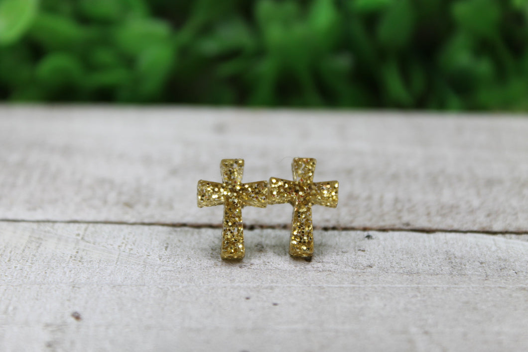 Gold Glitter Cross Stud Earrings