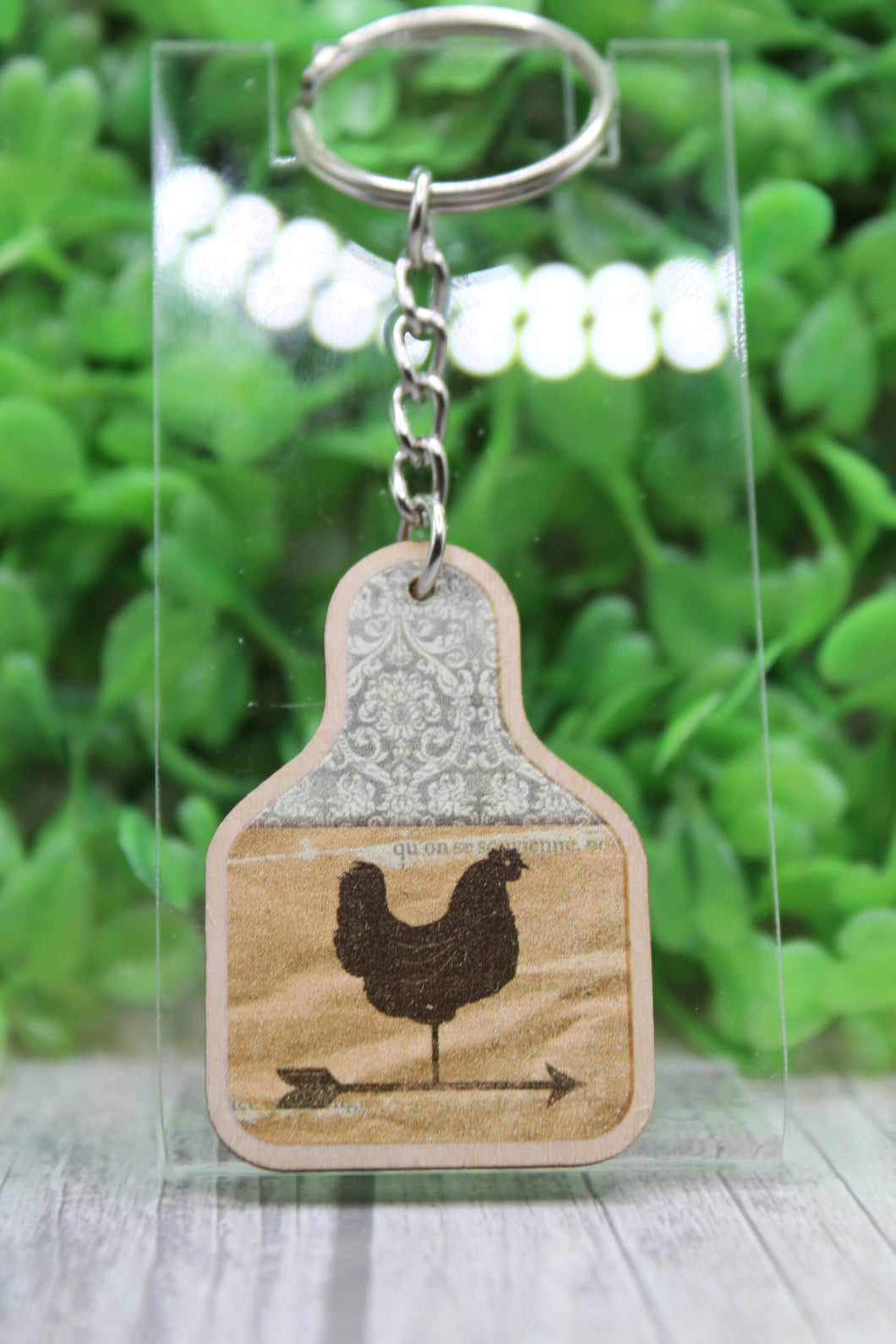 Brown Lace Chicken Cow Tag Wooden Keychain