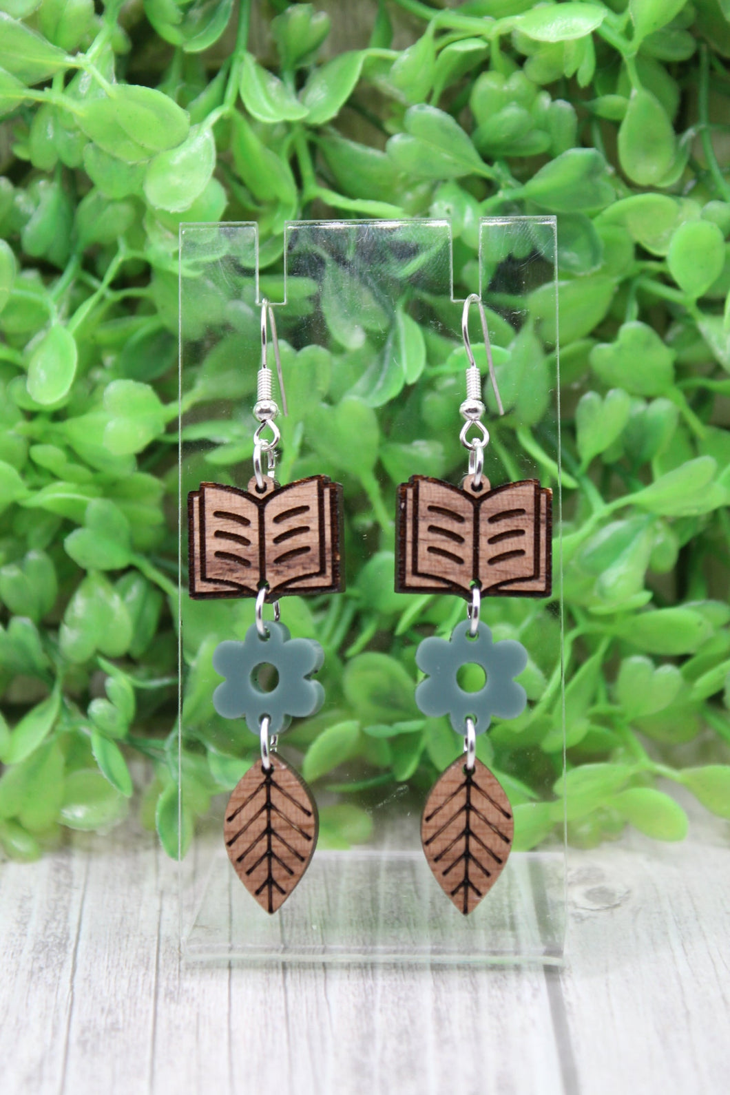 Book Flower Leaf Trio Dangle Earrings
