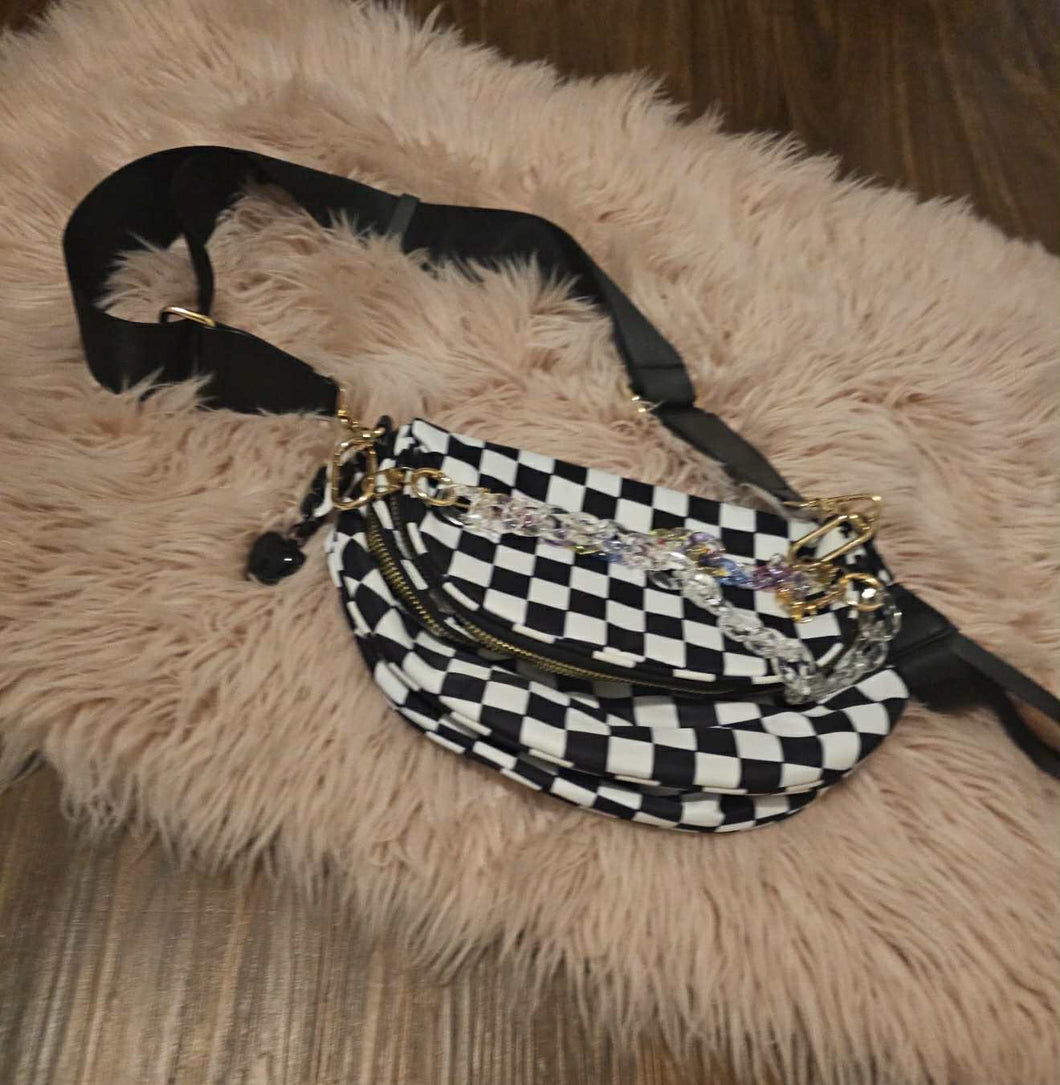 Black & White Checkered Bum Bag With Decorative Chains 👛
