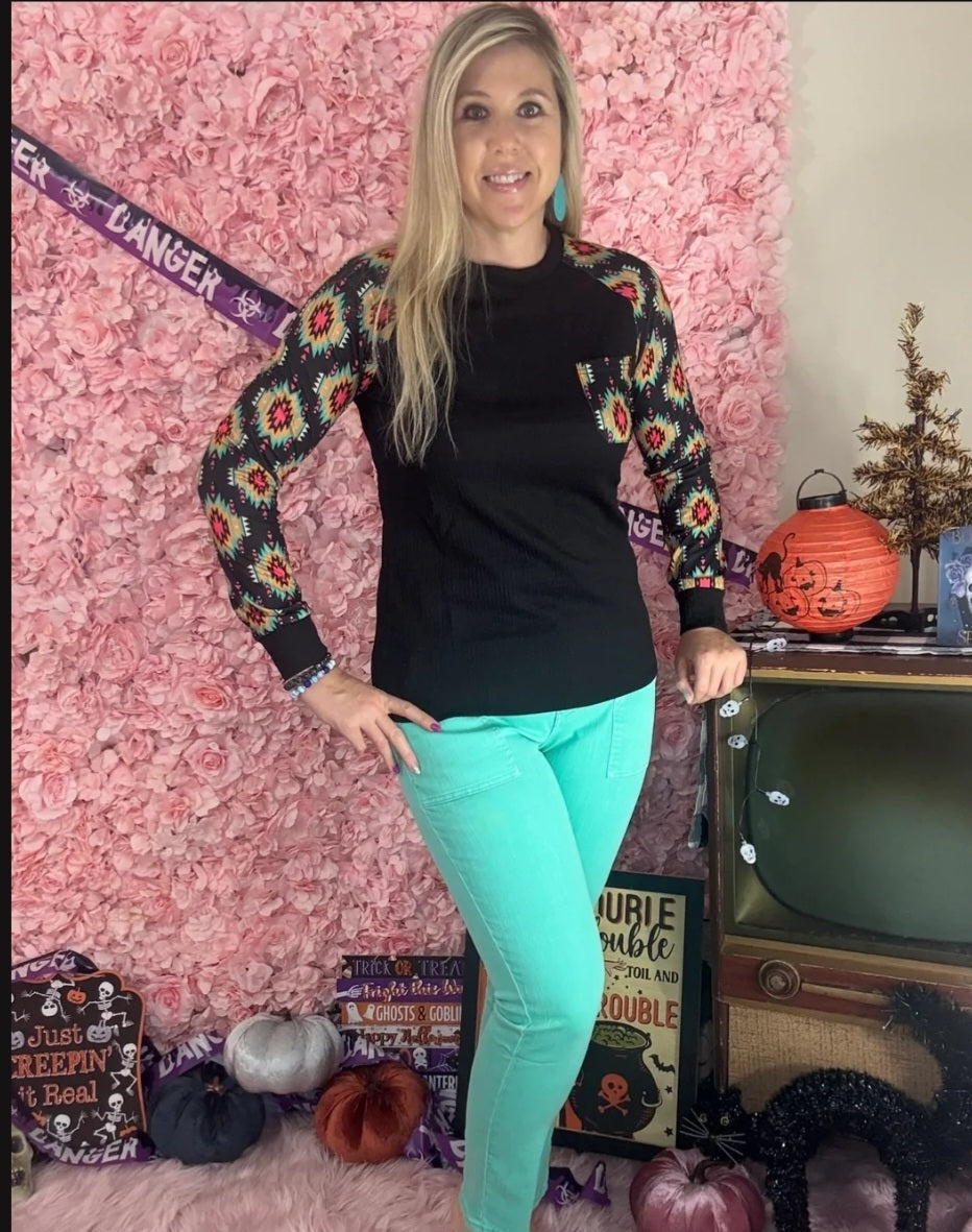 Black ⚫️ Aztec With Pink Teal 🟢 & Orange 🟠 Pattern