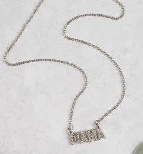 MAMA Silver Chain Necklace with Silver Jeweled MAMA Pendant • NECKLACE