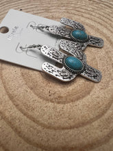 Load image into Gallery viewer, Cactus Dangle Earrings with Faux Turquoise - 2 1/2 inch drop
