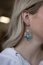 Load image into Gallery viewer, Cactus Dangle Earrings with Faux Turquoise - 2 1/2 inch drop
