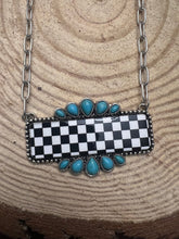 Load image into Gallery viewer, Checkered Bar Necklace with Faux Turquoise - 18 inch necklace
