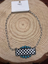 Load image into Gallery viewer, Checkered Bar Necklace with Faux Turquoise - 18 inch necklace
