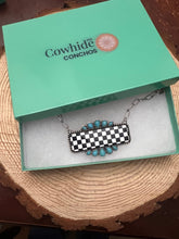 Load image into Gallery viewer, Checkered Bar Necklace with Faux Turquoise - 18 inch necklace

