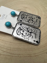 Load image into Gallery viewer, Dolly Card Theme Dangle Earrings with Faux Turquoise Stone - 2 1/2 inch drop
