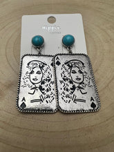 Load image into Gallery viewer, Dolly Card Theme Dangle Earrings with Faux Turquoise Stone - 2 1/2 inch drop
