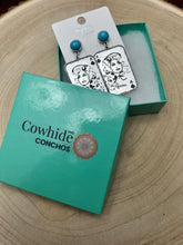 Load image into Gallery viewer, Dolly Card Theme Dangle Earrings with Faux Turquoise Stone - 2 1/2 inch drop
