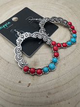 Load image into Gallery viewer, Faux Turquoise and Coral Hoop Earring - 1 3/4 inch drop
