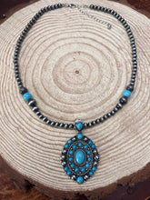 Load image into Gallery viewer, Faux Turquoise and Faux Sterling Pearl Concho Necklace -  20 inch + 3
