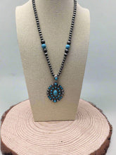 Load image into Gallery viewer, Faux Turquoise and Faux Sterling Pearl Concho Necklace -  20 inch + 3
