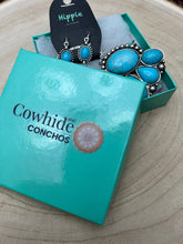Load image into Gallery viewer, Faux Turquoise Squash Blossom and Earring Set - 18 inch necklace
