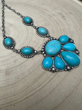 Load image into Gallery viewer, Faux Turquoise Squash Blossom and Earring Set - 18 inch necklace
