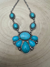 Load image into Gallery viewer, Faux Turquoise Squash Blossom and Earring Set - 18 inch necklace
