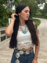 Load image into Gallery viewer, Faux Turquoise Squash Blossom and Earring Set - 18 inch necklace
