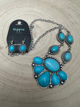 Load image into Gallery viewer, Faux Turquoise Squash Blossom and Earring Set - 18 inch necklace
