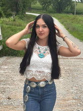 Load image into Gallery viewer, Faux Turquoise Squash Blossom and Earring Set - 18 inch necklace
