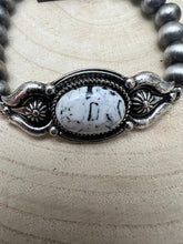 Load image into Gallery viewer, Faux White Buffalo and Sterling Pearl Stretch Bracelet
