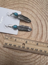 Load image into Gallery viewer, Feather Earrings with Faux Turquoise - 2 inch drop
