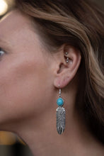 Load image into Gallery viewer, Feather Earrings with Faux Turquoise - 2 inch drop
