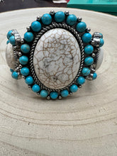 Load image into Gallery viewer, Large Western Faux Turquoise and White Buffalo Stretch Cuff Bracelet
