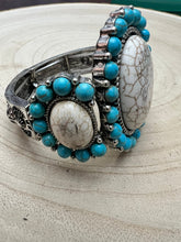 Load image into Gallery viewer, Large Western Faux Turquoise and White Buffalo Stretch Cuff Bracelet
