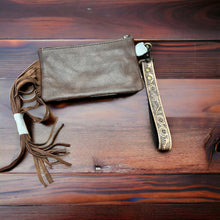 Load image into Gallery viewer, Tooled Cowhide Wristlet Pouch
