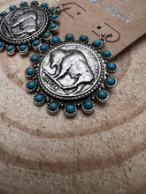 Load image into Gallery viewer, Western Buffalo Coin and Faux Turquoise Dangle Earrings
