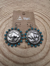 Load image into Gallery viewer, Western Buffalo Coin and Faux Turquoise Dangle Earrings
