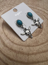 Load image into Gallery viewer, Western Bull Skull Dangle Earrings with Faux Turquoise - 1 1/2 inch drop
