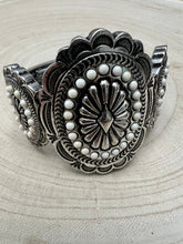 Load image into Gallery viewer, Western Concho and White Stone Faux Wide Statement Stretch Bracelet
