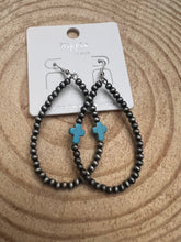 Load image into Gallery viewer, Western Cross with Faux Turquoise Metal Pearl Teardrop Earrings - 2 1/2 inch drop
